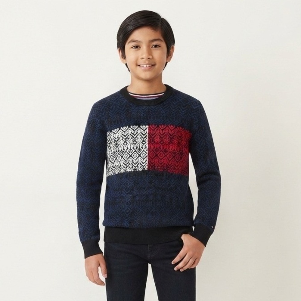 Tommy Hilfiger Boys XL 18/20 Navy Blue Geometric Colorblock Flag Knit Sweater